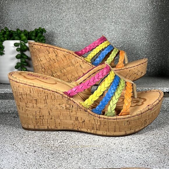 Born Handcrafted Leather PALMDALE Rainbow Wedges Sandals Cork Shoes Size 10 - Picture 1 of 8